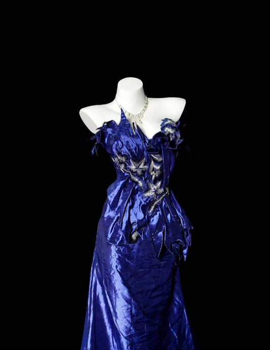 Vintage Prom Dresses Mermaid Sweetheart Royal Blue Satin With Lace 1950s Retro Classy Party Formal Outfits RB6363
