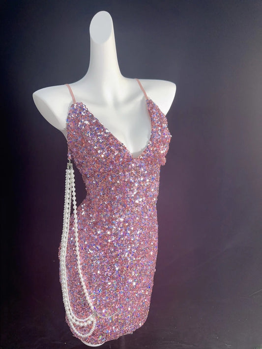 Vintage Sheath Spaghetti Strap Pink Sequin Hoco Gowns Short 16th Birthday Dress Homecoming Dresses Cocktail Gown AS011