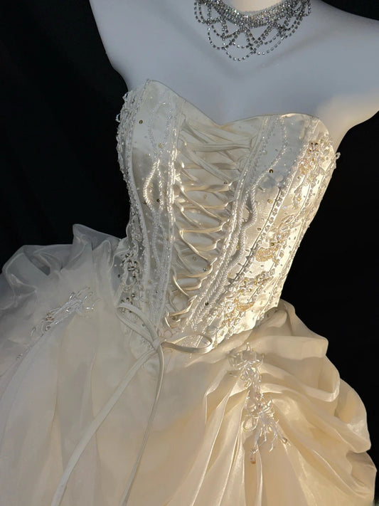 Princess Ball Gown Strapless Champagne With Layered Tiered Corset Fitted Long Sweet 16 Dresses Quinceanera Dress RB3354