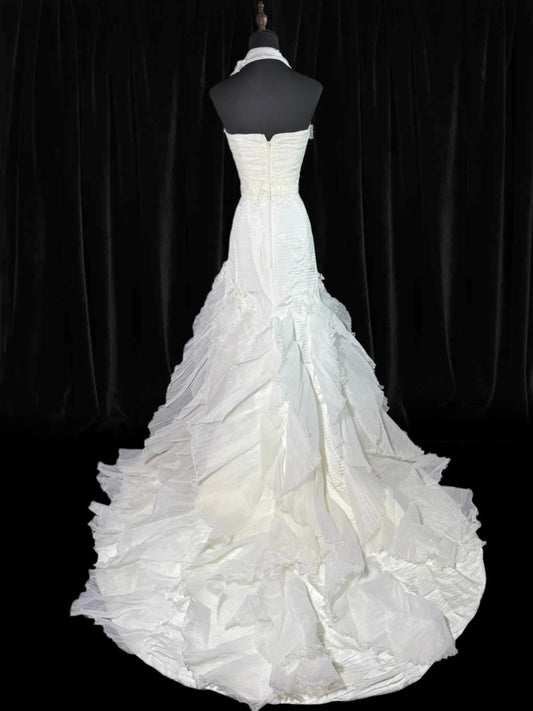 Timeless Women's Mermaid Halter Sleeveless White Satin Chiffon Tiered Pleated With Lace Long Vintage Corset Fitted 1920s Wedding Dresses AS013