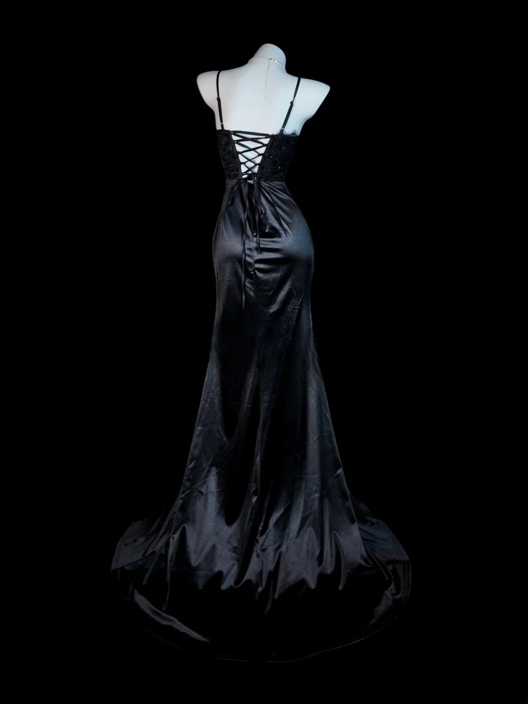 Black Prom Dress Mermaid Spaghetti Straps Satin Slit Modest Floor Length Formal Party Gown RB9822