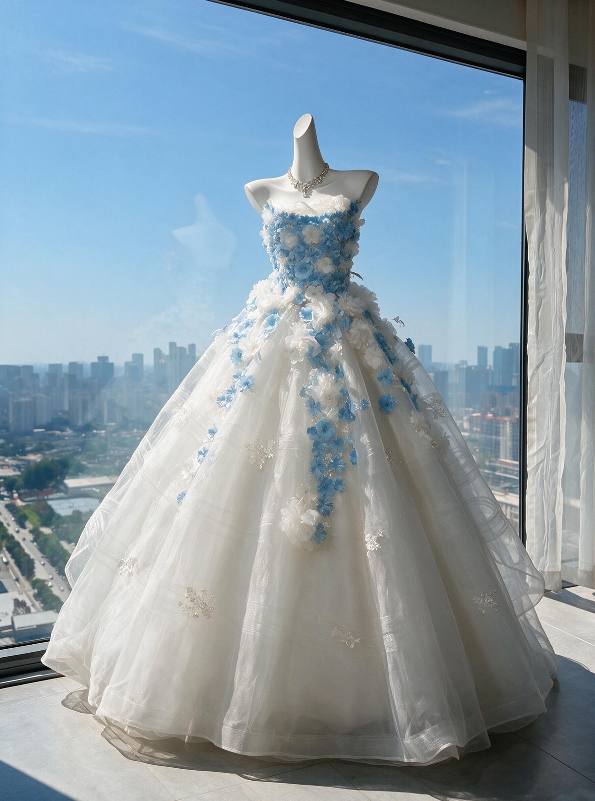 Fairy Quinceanera Dress Ball Gown Strapless Blue White Tulle With 3D Flowers 15th Birthday Party Outfit RC0977