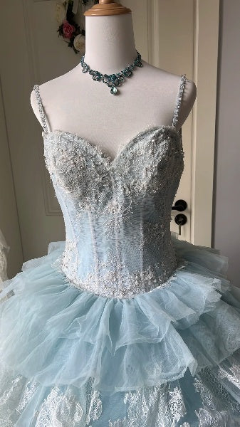 Sweet 15 Quinceanera Dress Ball Gown Spaghetti Straps Blue With Tiered Layers Long 15th Birthday Gown RC0388