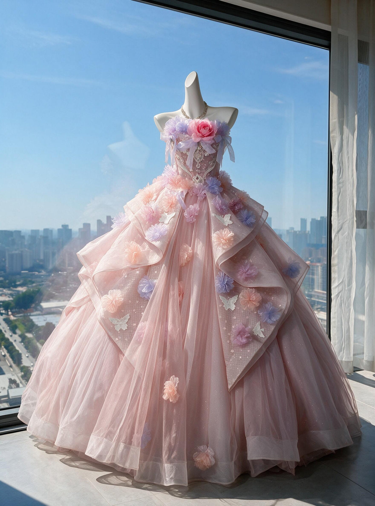 Fairytale Quinceanera Dress Ball Gown Strapless Pink Tulle With 3D Flowers 15th Birthday Party Outfit RC0978