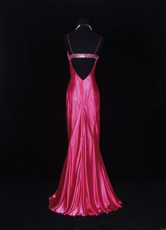 Vintage Prom Dresses 90s Formal Mermaid Spaghetti Straps Hot Pink Satin With Beadings Long Party Gowns Prom Dresses AS019