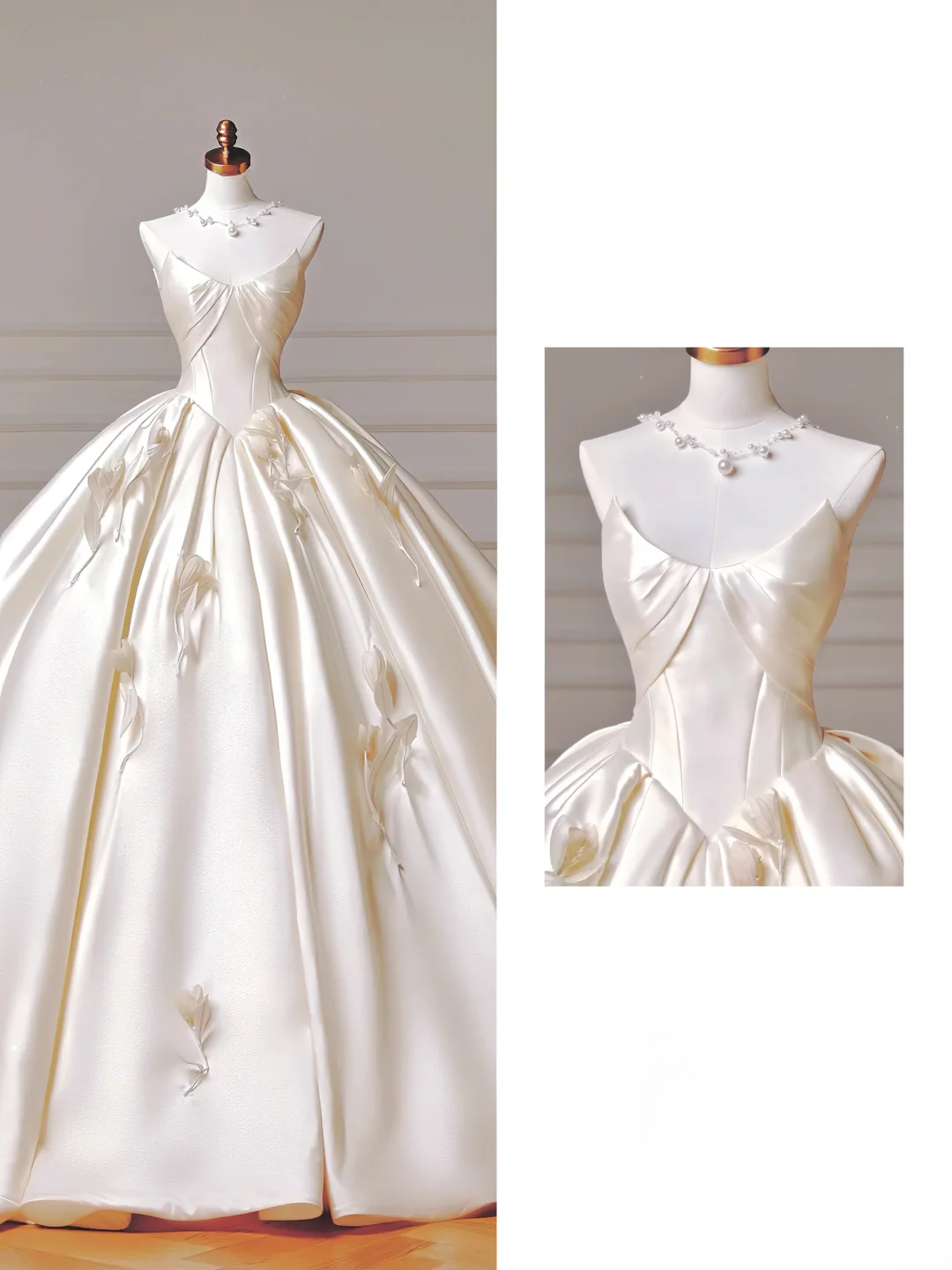 Princess Long Wedding Gowns Ball Gown Sweetheart Pleated Satin for Bride With Removable Sleeves White Bridal Dress AQ019