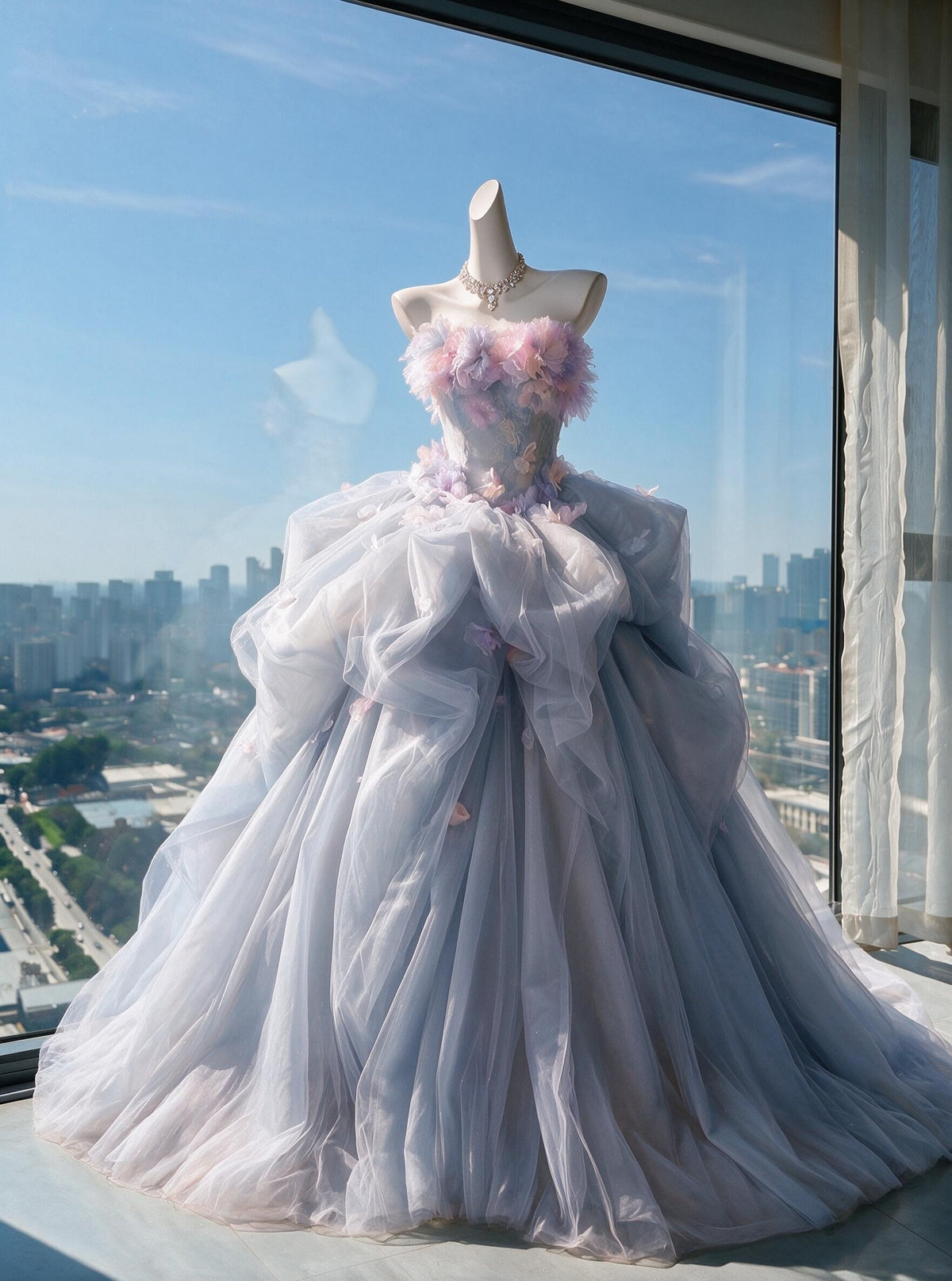 Fairytale Quinceanera Dress Ball Gown Strapless Dusty Blue Lilac With Flowers 15th Birthday Party Outfit RC0980