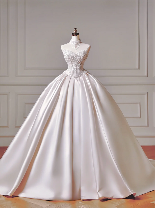 Princess Long Wedding Gowns Ball Gown Sweetheart Pleated Satin for Bride With Removable Sleeves White Bridal Dress AQ022