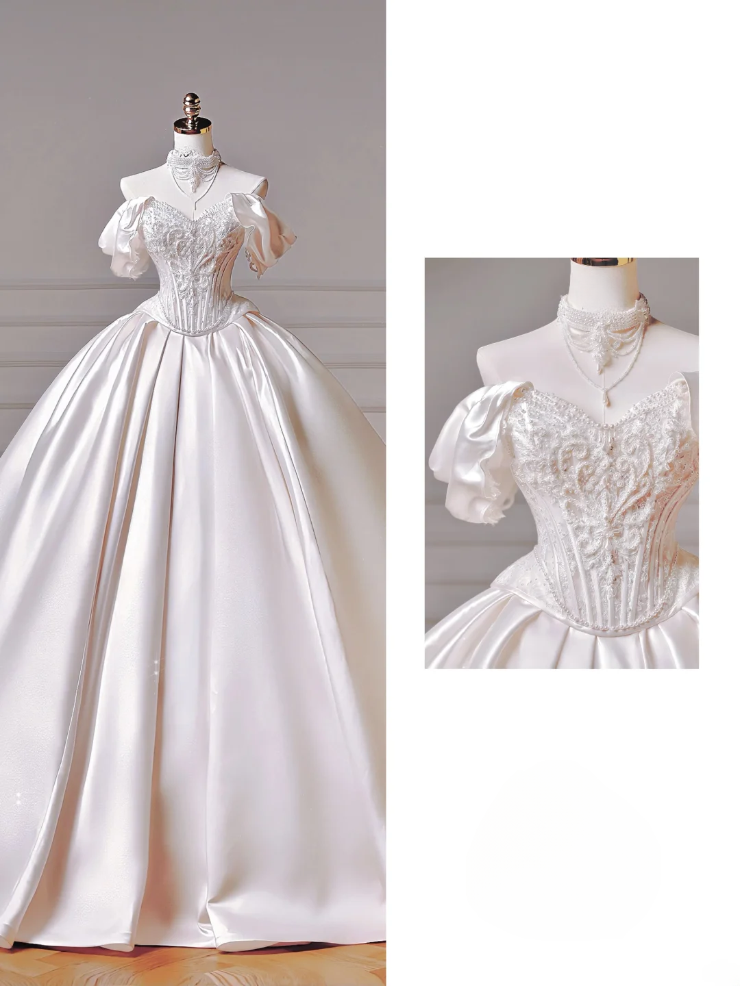 Princess Long Wedding Gowns Ball Gown Sweetheart Pleated Satin for Bride With Removable Sleeves White Bridal Dress AQ022