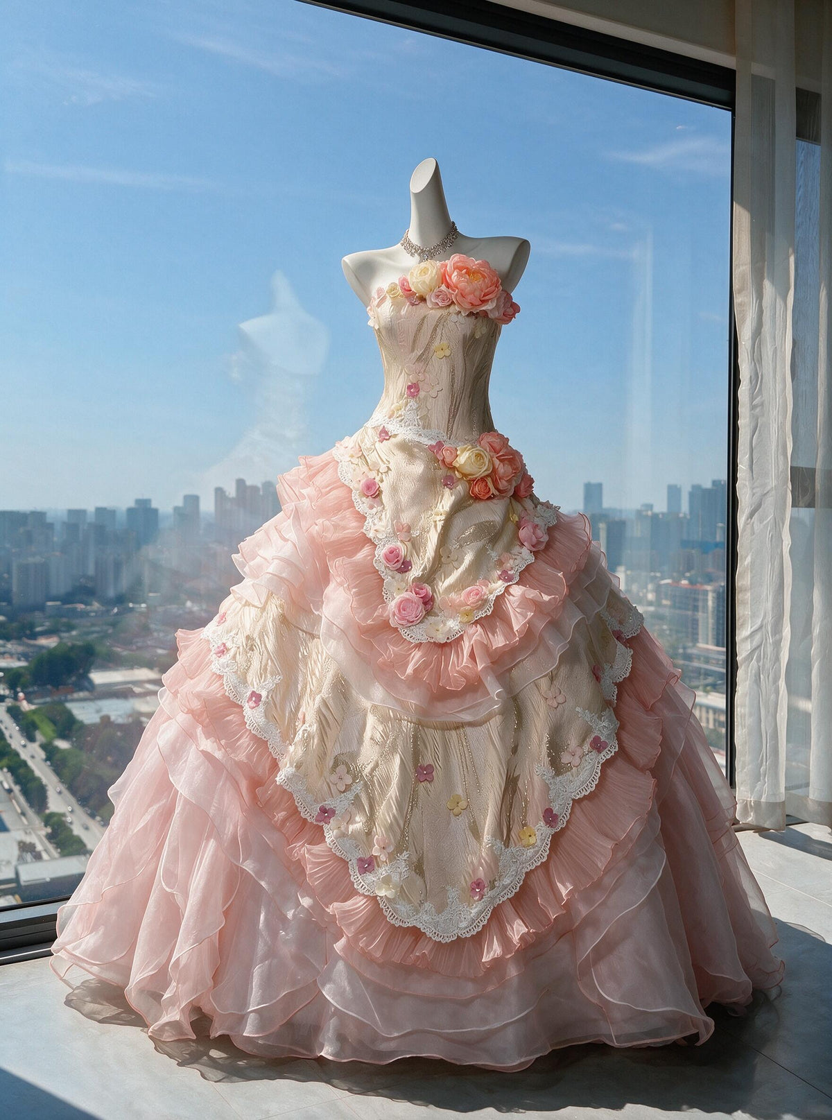 Fairy Quinceanera Dress Ball Gown Off The Shoulder Pink With Ruffled Tiered Flowers 16th Birthday Party Outfit RC0985
