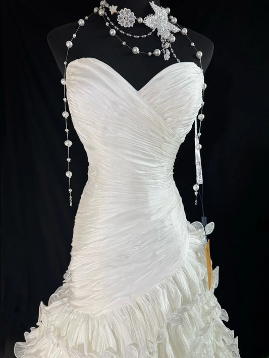 Timeless Women's Mermaid Strapless Sweetheart Sleeveless White Tulle Tiered Pleated With Beads Long Vintage Fitted 1920s Wedding Dresses AS026