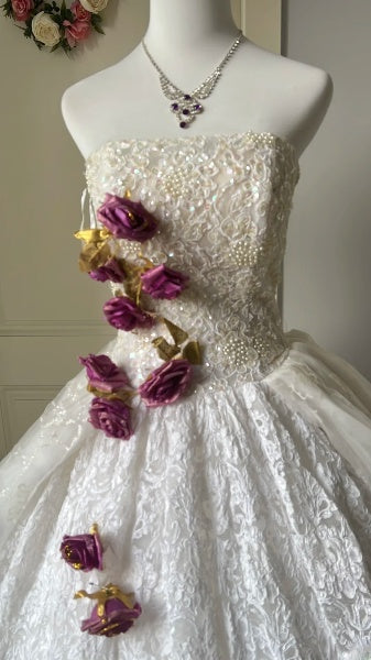 Sweet 16 Dresses Long Strapless White Lace Floor Length Ball Gown Sweet Sixteen Birthday Gown RC0397