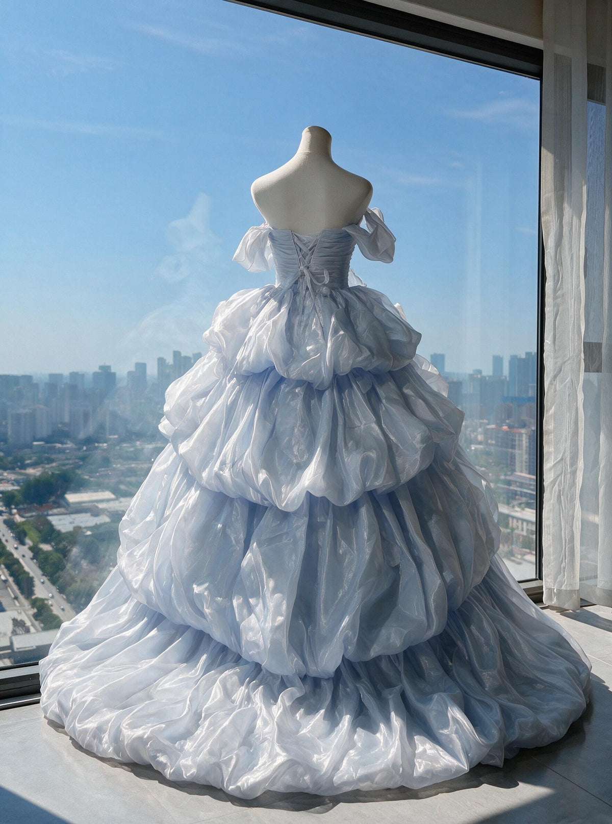 Pretty Quinceanera Dress Ball Gown Strapless Light Sky Blue With Tiered 15th Birthday Party Outfit RC0987