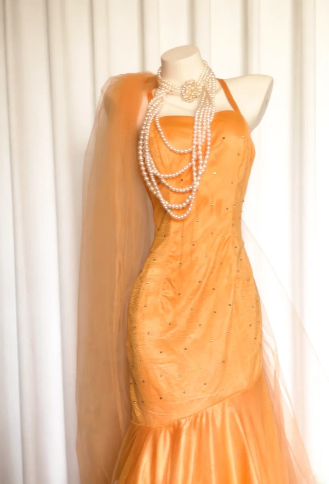 Vintage 90s Mermaid Spaghetti Strap Orange Tulle For Women Long Prom Dress 21st Birthday Outfits AS029