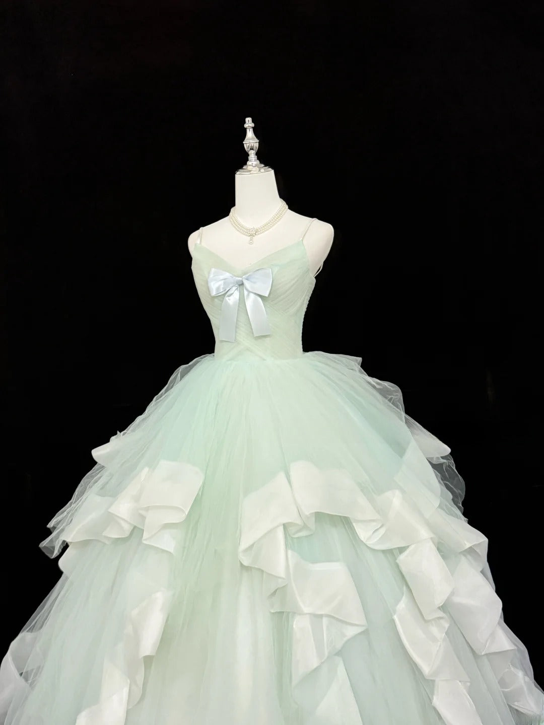 Magical Ball Gown Spaghetti Strap Mint Green Tulle With Ruffled Quince Dress Voluminous Sweet 16 Sweet Sixteen Outfits Vestido de RB7402