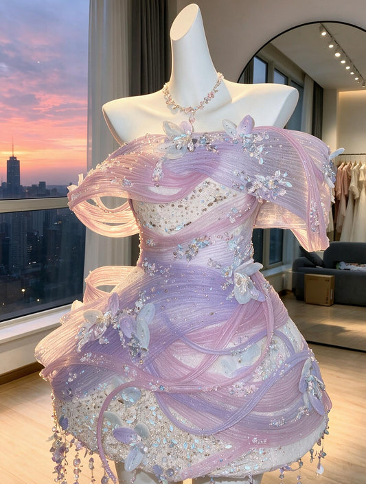 Cute Wedding Dress Fairytale Ball Gown Off Shoulder Lilac Short With Ruffled Beading Mini Bridal Gown RC1000