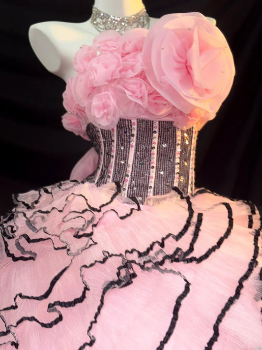 Cute Ball Gown Strapless Pink Tulle With Flower Tiered Layers Long Quinceanera Dress vestido de 15 de cenicienta RB3373