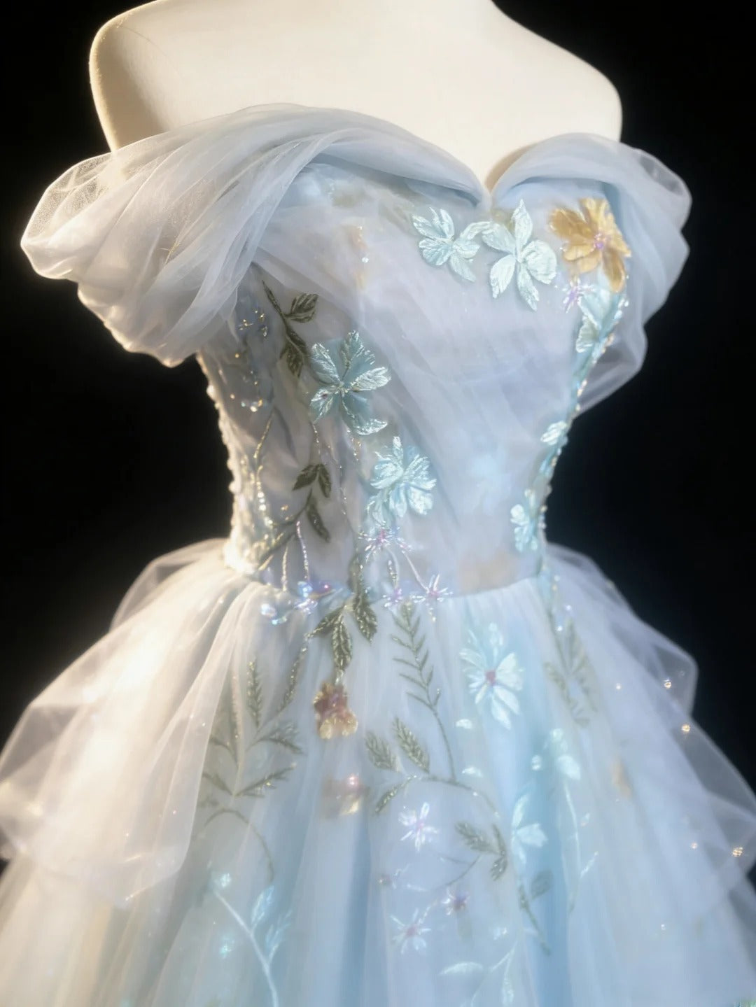 Vintage 90s A Line Off The Shoulder Light Sky Blue Floral Tulle For Women Long Prom Dresses 21st Birthday Outfits AS033