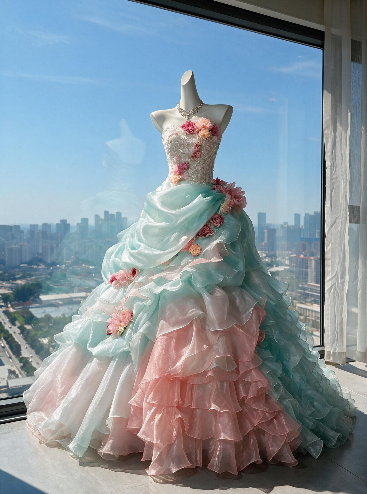 Fairy Quinceanera Dress Ball Gown Strapless Blue Pink With Ruffled Tiered Flowers 16th Birthday Party Outfit RC0991