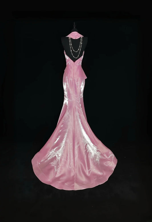 Vintage 1950s Mermaid V Neck Pink With Gold Lace Sleeveless Long Prom Dresses High School Senior Graduation Dance Evening Outfits AS033