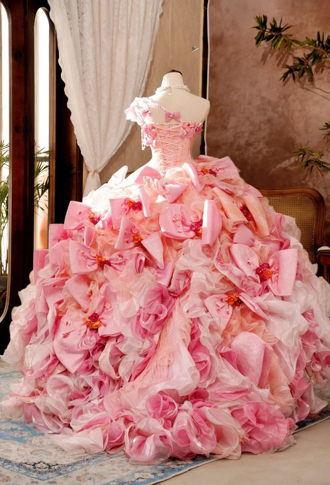 Tulle Ball Gown Quinceanera Dress 3D Bow-knot Pink One Shoulder Sweet 15 Formal Gown RB9028