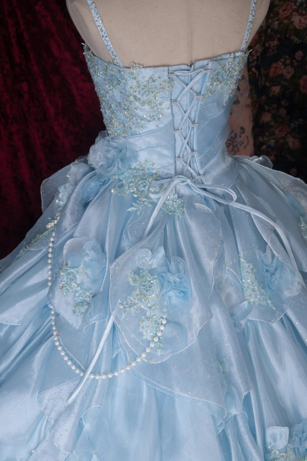 Sweet Ball Gown Spaghetti Straps Blue Chiffon Lace With Ruffled Appliqued Long Quince Dress Quinceanera Dresses Formal Birthday Outfits RB8059