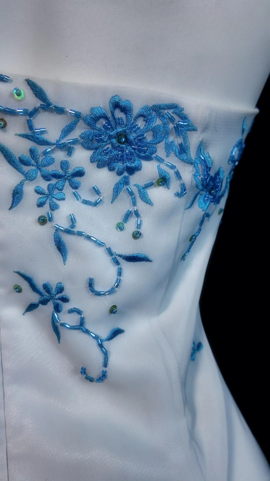 White Prom Dress A line Strapless With Blue Appliques Modest Formal Party Gown RB9837