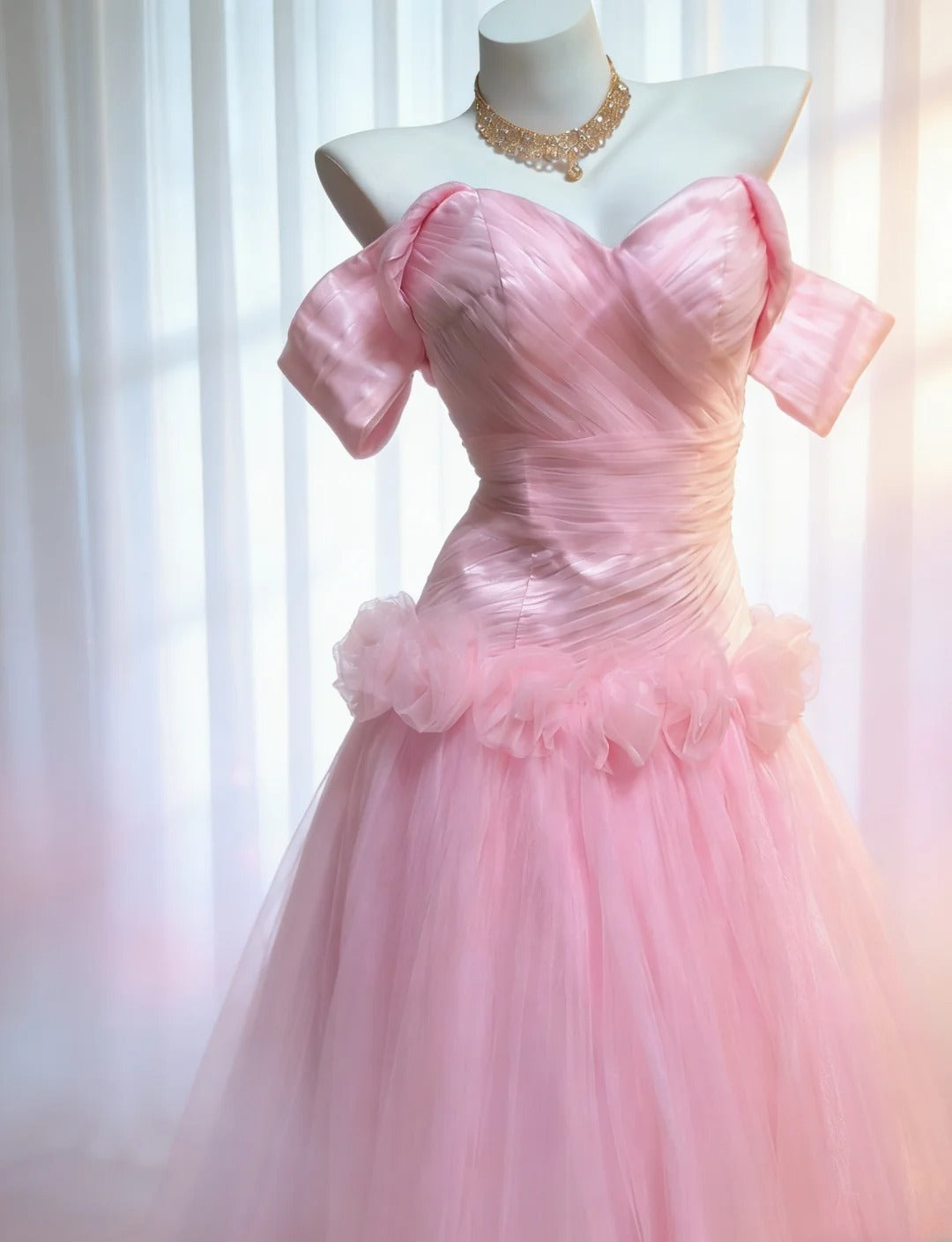 Vintage 90s Mermaid Off The Shoulder Pink Tulle For Women Party Dresses Long Prom Dress Birthday Gowns AS036