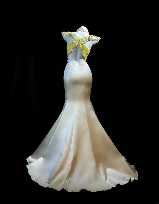 Classy Prom Dresses Mermaid 2 Pieces Yellow Satin With Lace Sleeveless Evening Dress Formal Outfits RB5845