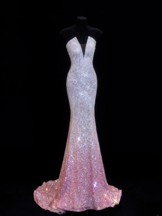 Affordable Sequin 1950s Formal Mermaid Strapless Pink Ombre Sequins With Beads Style Impress Long Prom Dresses Party Gowns SA041