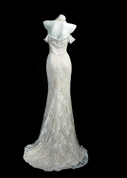 Classy Prom Dresses Mermaid Off The Shoulder White With Lace Sleeves Evening Dress Formal Outfits RB5849