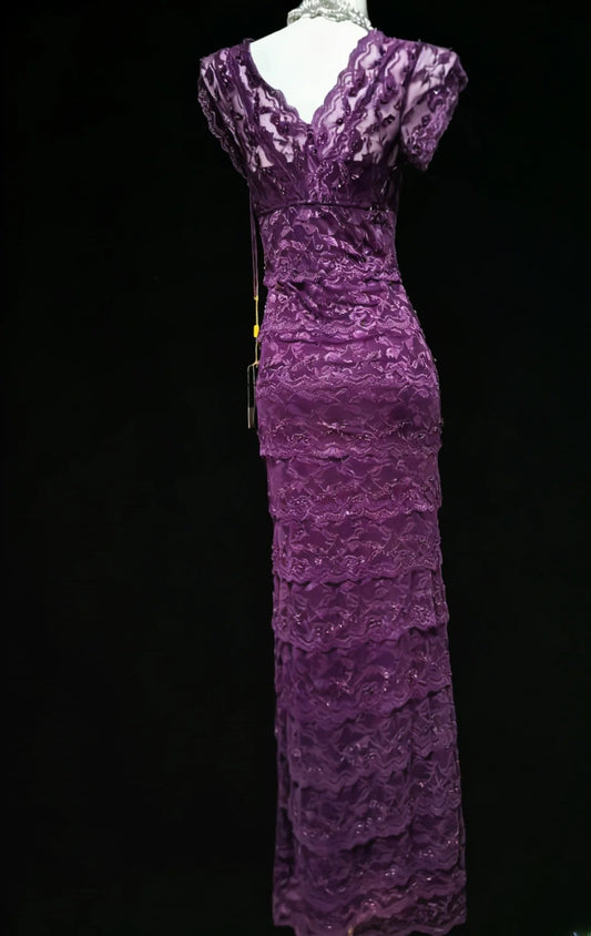 Sexy Sheath V Neck Grape Lace Sleeveless For Women Long Prom Dresses Senior High School 21st Birthday Outfits AS042