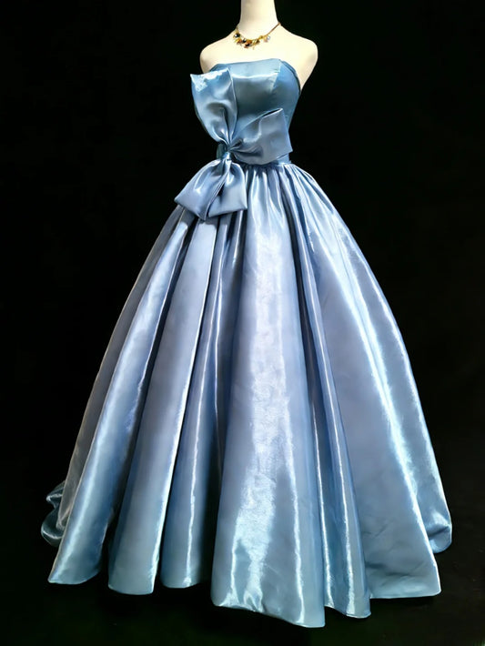 Cute Ball Gown Strapless Sleeveless Blue With Bow-knot Long Quinceanera Dresses Sweet 15 16 Birthday Outfits AS045