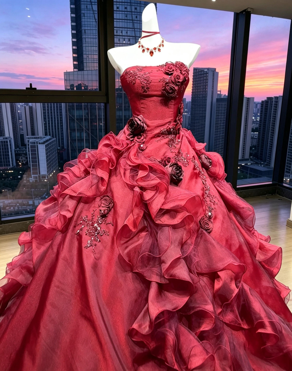 Fairy Quinceanera Dress Ball Gown Strapless Burgundy With 3D Flowers Tiered Layers Quince Dresses RC1075