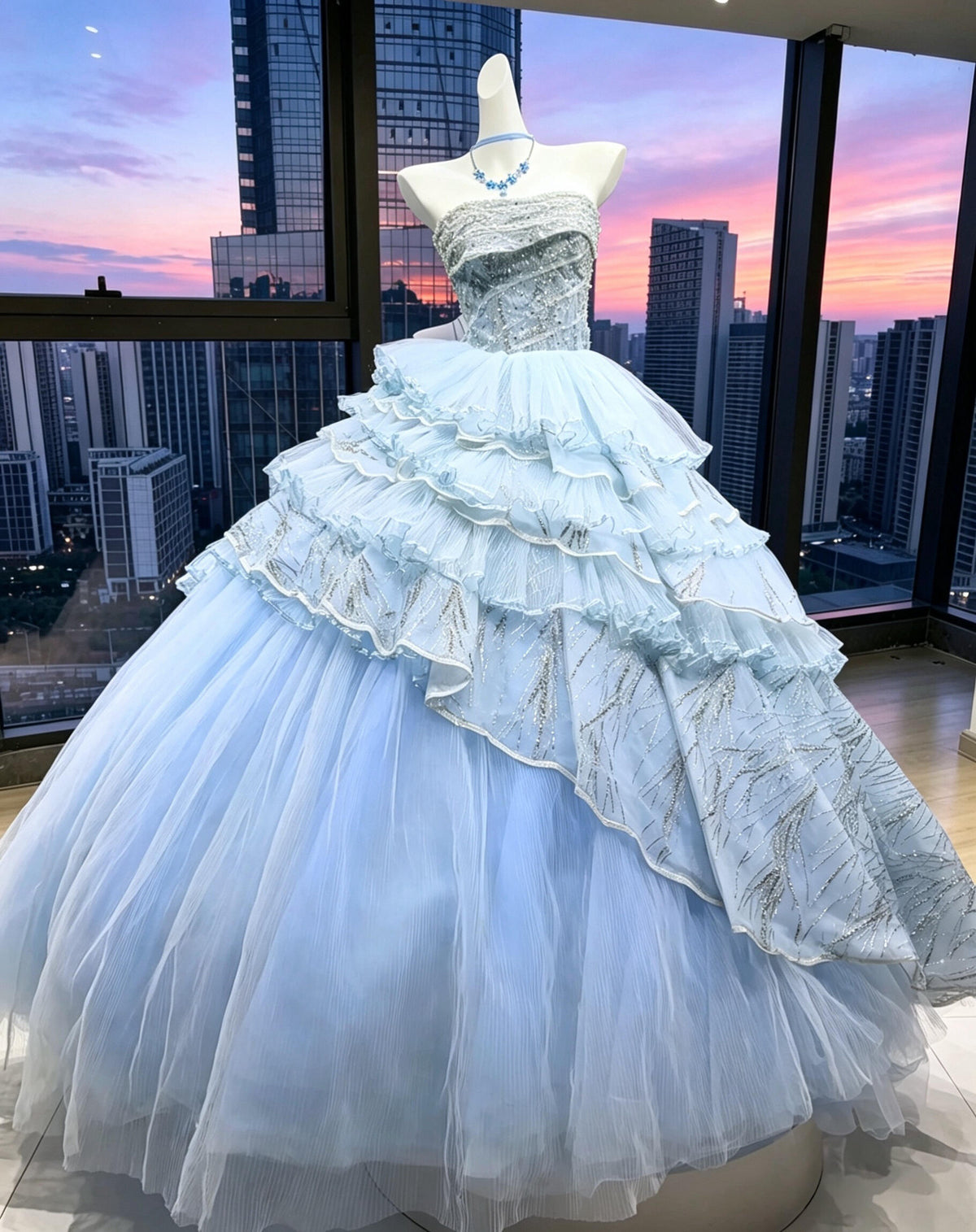 Fairy Quinceanera Dress Ball Gown Strapless Blue With Sequin Tiered Layers Quince Dresses RC1076