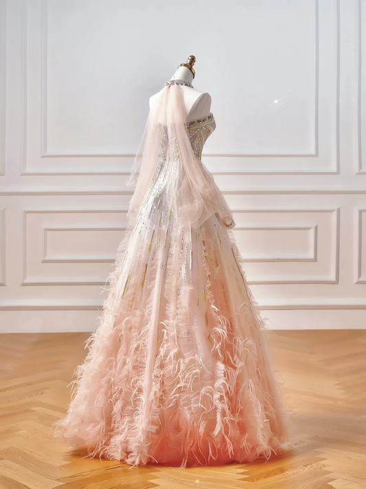 Sparkly Prom Dresses Aesthetic Ball Gown Sweetheart Ombre Pink With Beads Feathers Inspo Impress Long Party Formal Gown For Teenagers High Schools AQ046