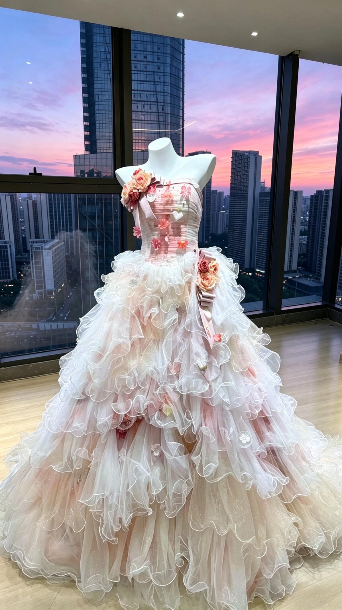 Fairy Quinceanera Dress Ball Gown Strapless Pink Tulle With Tiered Layers Flowers Quince Dresses RC1077