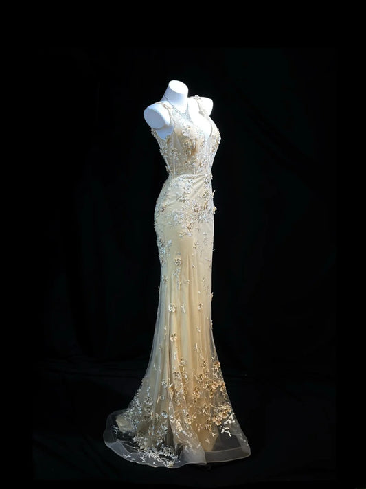 Elegant Prom Dresses Mermaid V Neck Yellow Tulle With Beading Lace Evening Dress Formal Outfits RB5854