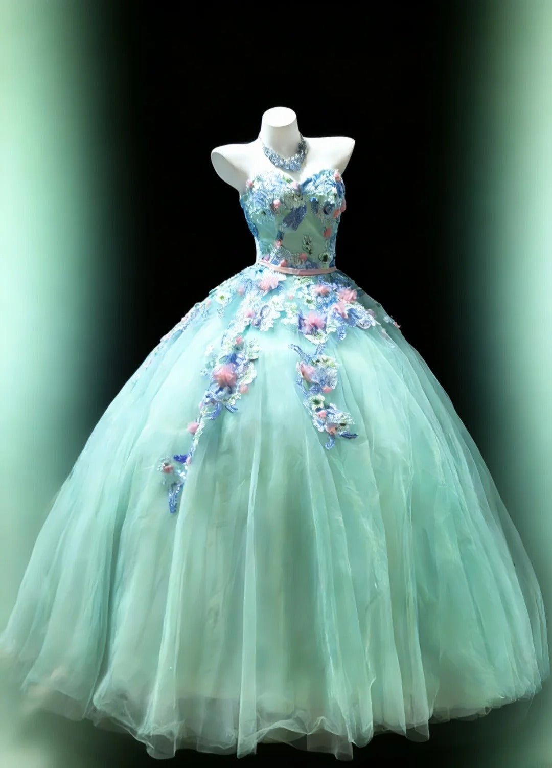 Cute Ball Gown Sweetheart Sleeveless Blue With Applique Tulle Long Quinceanera Dresses Sweet 15 16 Birthday Outfits AS048