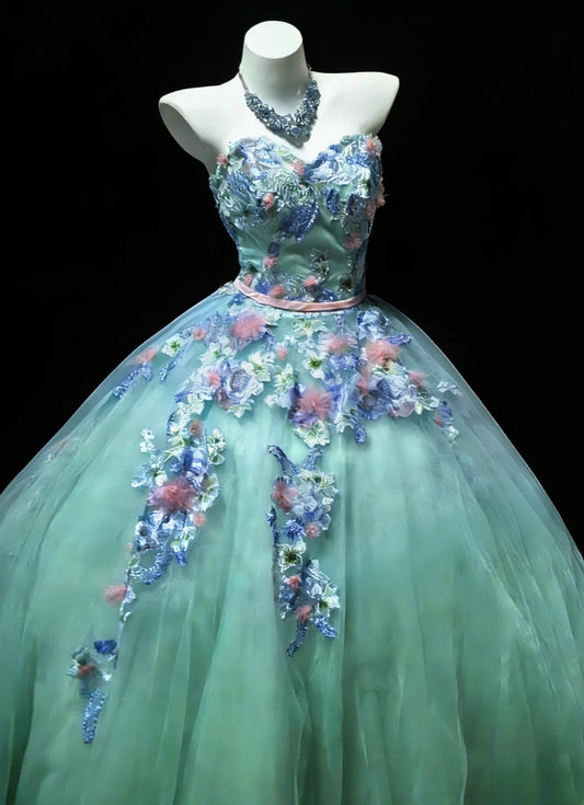 Cute Ball Gown Sweetheart Sleeveless Blue With Applique Tulle Long Quinceanera Dresses Sweet 15 16 Birthday Outfits AS048