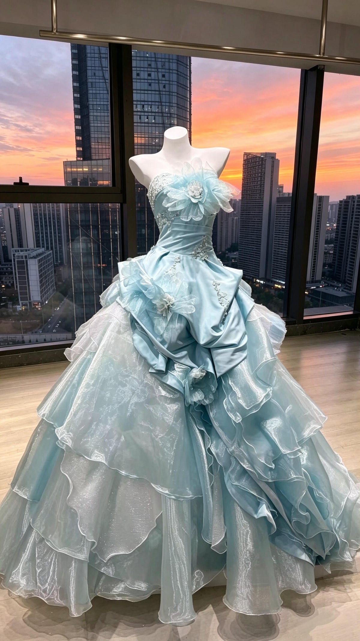 Fairy Quinceanera Dress Ball Gown Strapless Light Blue Satin With Tiered Layers Flowers Quince Dresses RC1080
