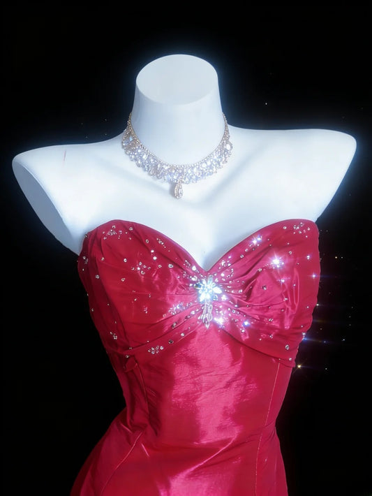 Retro Classy Mermaid Sweetheart Red Satin Sleeveless For Women Long Prom Dresses Senior High School 21st Birthday Outfits AS050