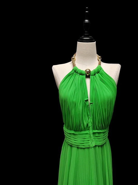 Modest A line Halter Green Chiffon Pleated Chiffon Backless Long Evening Dresses Inspo Senior Night Dance Prom Dress AS051