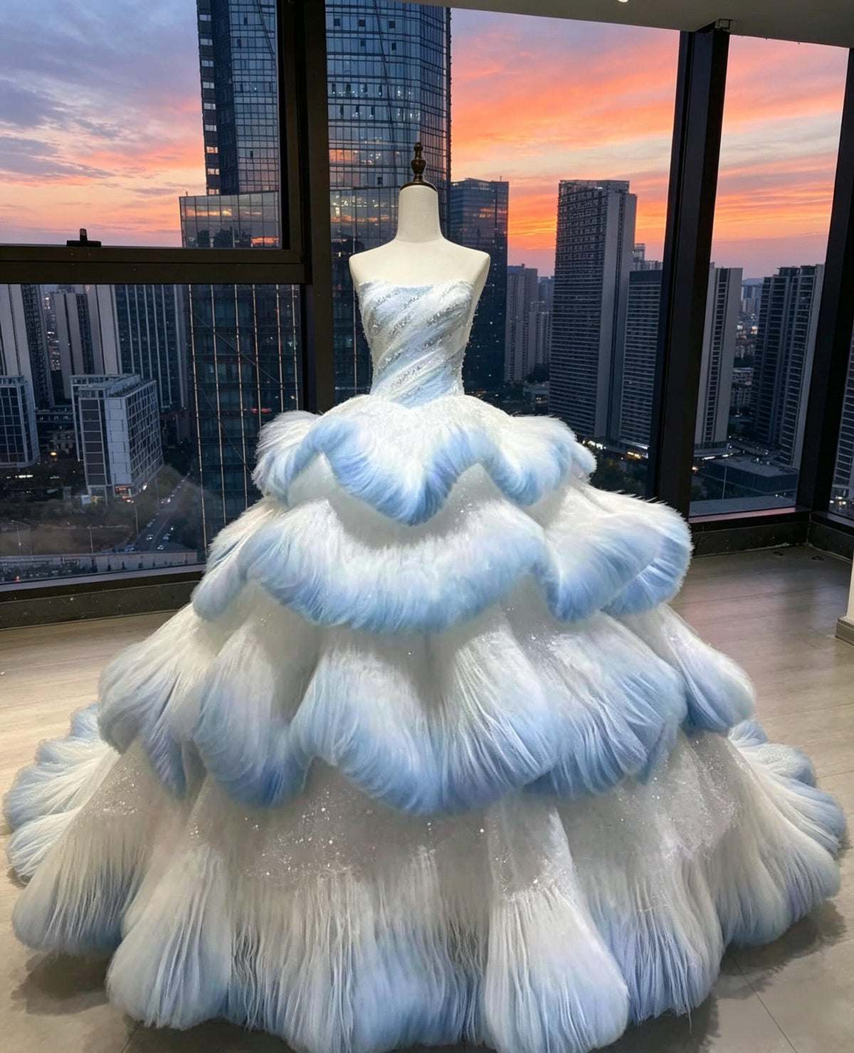 Fairy Quinceanera Dress Ball Gown Strapless Blue White Tulle With Layers Ruffled Quince Dresses RC1084