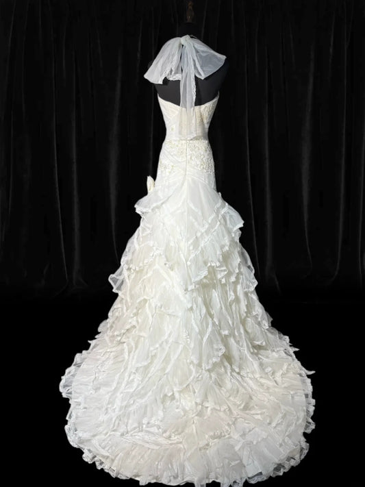 Timeless Long Wedding Gowns 70s Ideas Classy Halter Dresses Mermaid Bohemian Style for Bride With Fitted Pleated Tiered Bridal Gown AS055