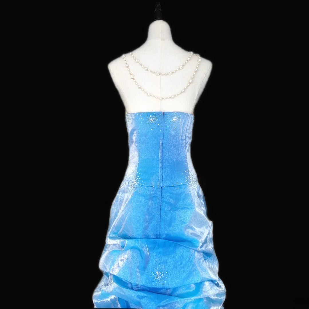 Vintage 1950s A line Strapless Blue Organza With Beads Long Prom Dresses High School Senior Graduation Dance Evening Gown AS056