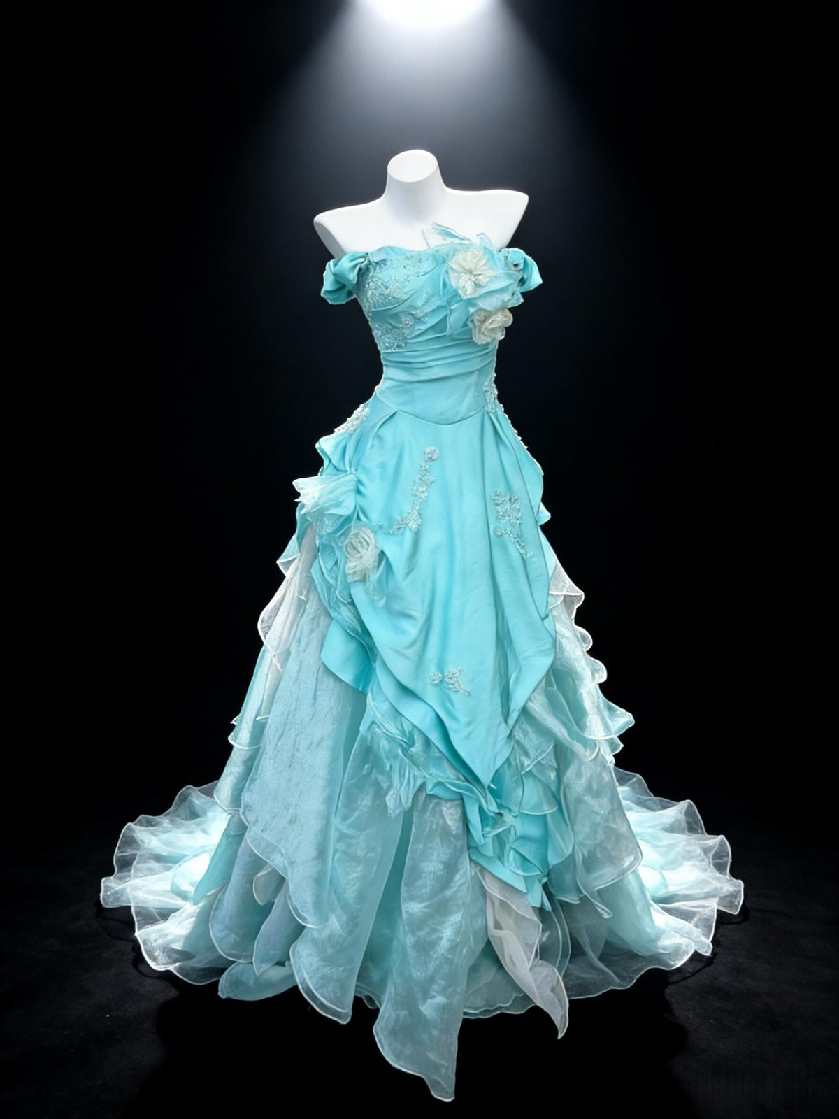 Fairy Quinceanera Dress Ball Gown Off The Shoulder Satin Blue Tulle With Flowers Tiered Quince Dresses RC1087