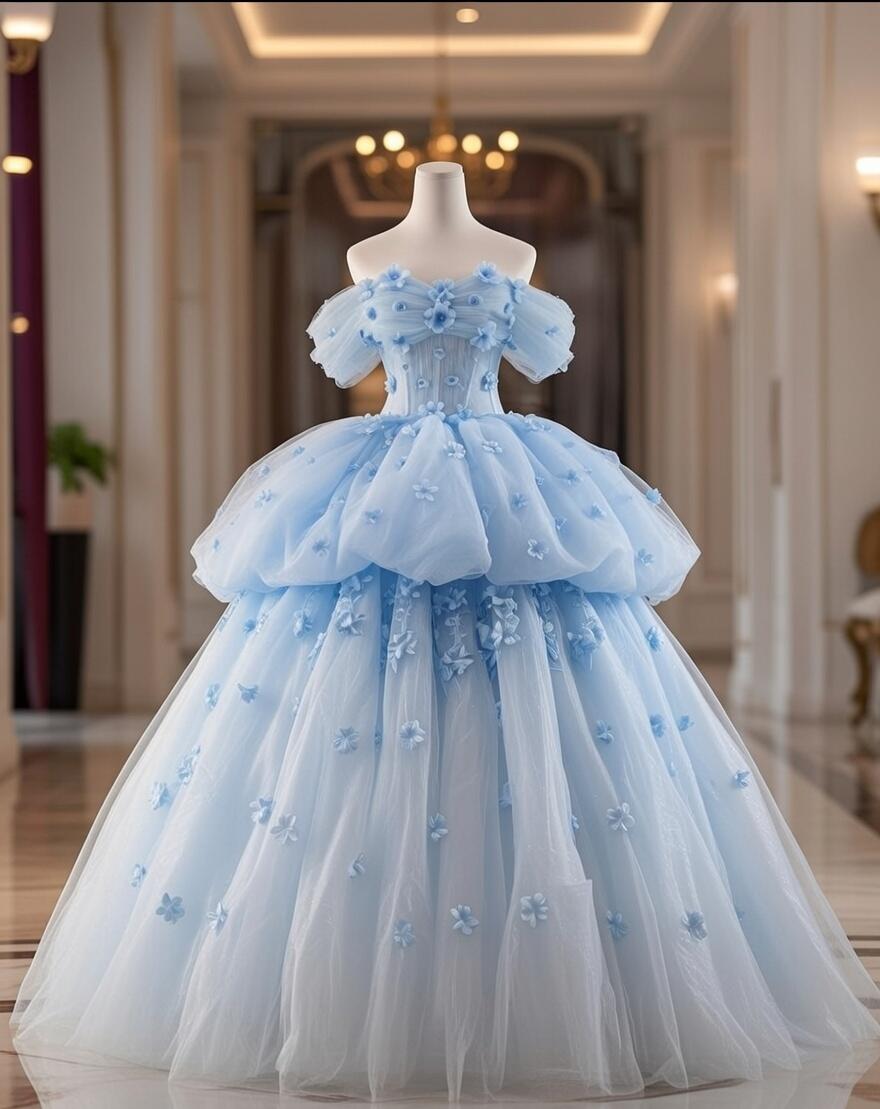 Fairy Quinceanera Dress Ball Gown Off The Shoulder Blue Flowers Tulle With Tiered Quince Dresses RC1092