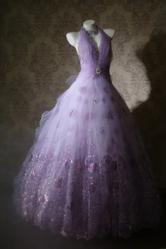 Cute Ball Gown Halter Lilac Sleeveless With Beaded Bodice Tulle Long Quinceanera Dresses Sweet 15 16 Birthday Outfits AS065