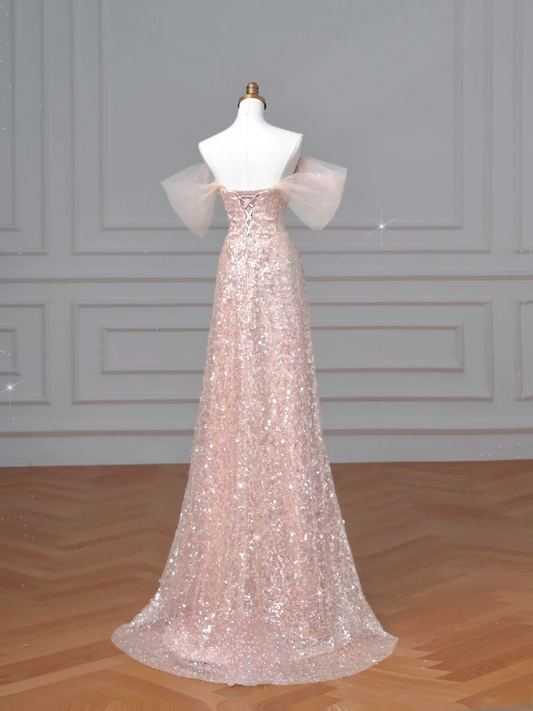 Sparkly Mermaid Sweetheart Sequins Blush Pink With Sleeves Long Formal Prom Dresses Night Outfits Party Gowns AQ066